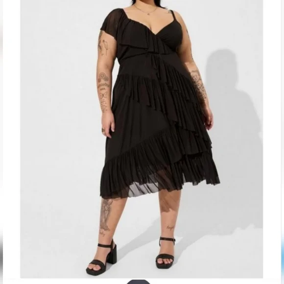 Torrid Midi Mesh Ruffle Black Dress - Picture 2 of 16